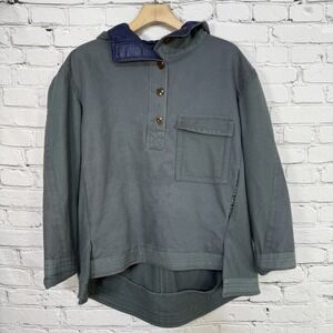 J. Crew Anorak Hooded Pullover Jacket Womens L 1/4 Button High Low Canvas Fleece